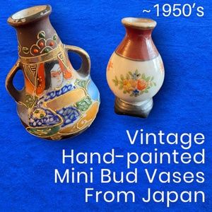 2 Mini Vintage Japanese Mid Century Hand Painted Bud Vases